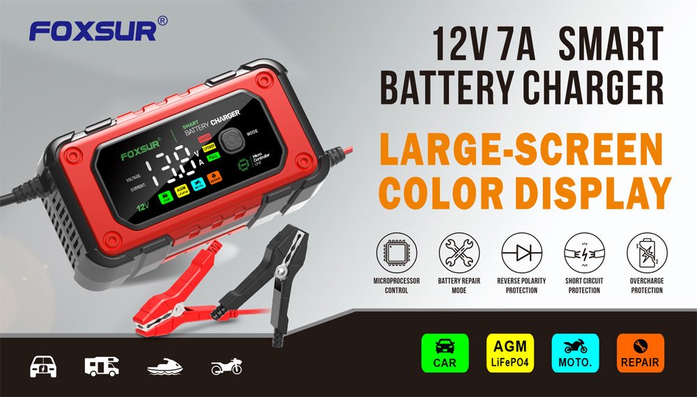 FOXSUR7ABatteyChargerLargeScreenColorDisplay12VMotorcycleCarChargerAGMLeadAcidLithiumIron-2010491-1