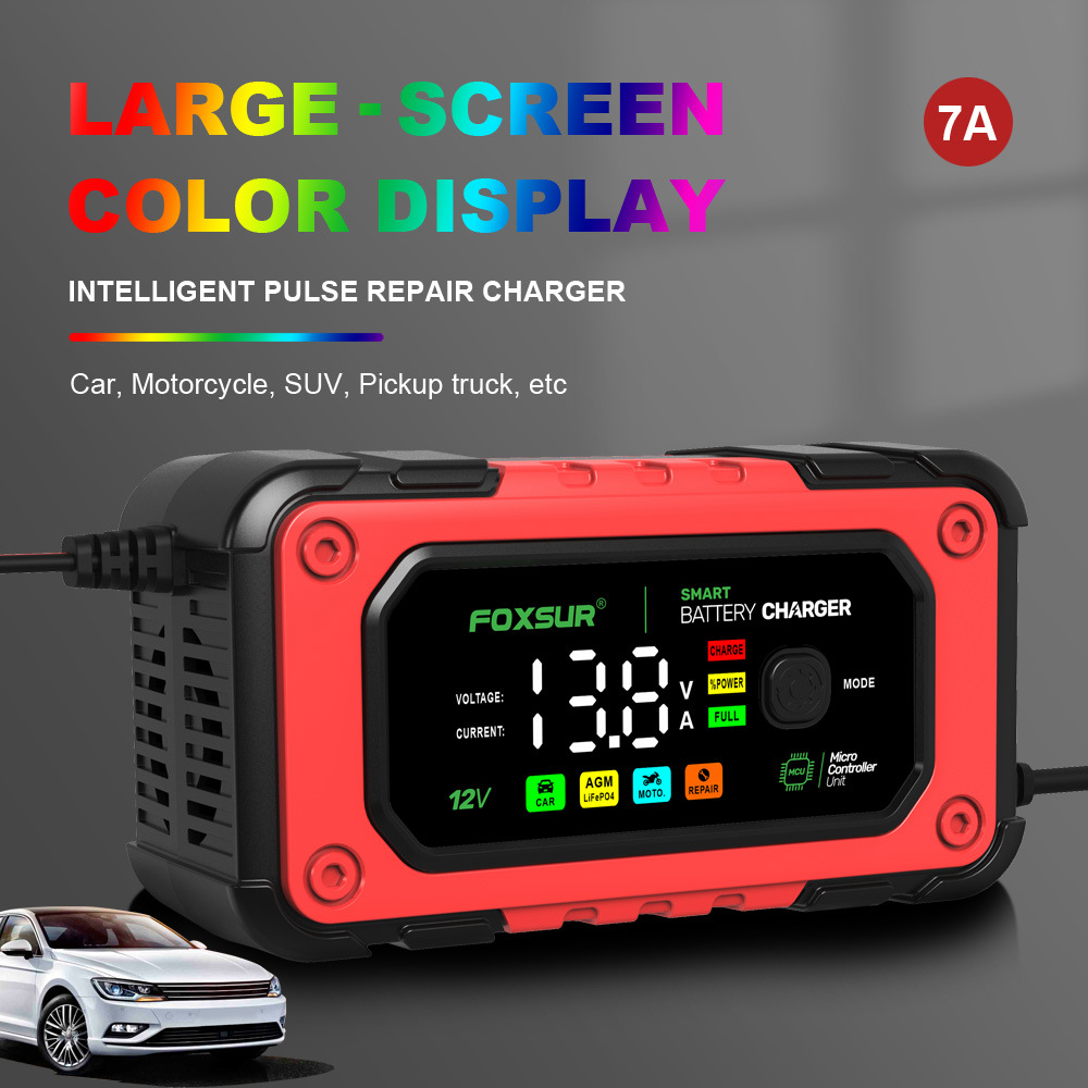 FOXSUR7ABatteyChargerLargeScreenColorDisplay12VMotorcycleCarChargerAGMLeadAcidLithiumIron-2010491-2