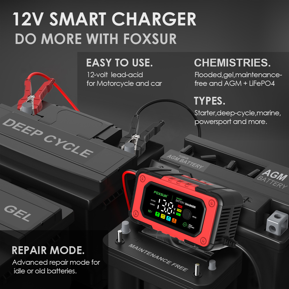 FOXSUR7ABatteyChargerLargeScreenColorDisplay12VMotorcycleCarChargerAGMLeadAcidLithiumIron-2010491-14