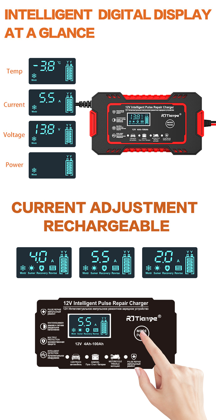 RJtianyeEuropeanStandard12V6ASmartPulseRepairChargerforSUVMotorcycleChargerLEDScreenDisplay-1995490-6