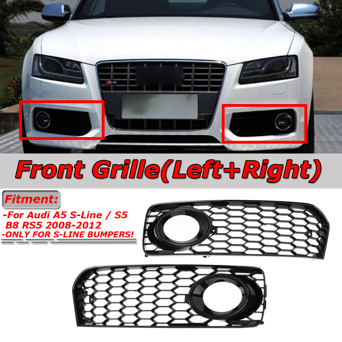 FrontFogLightLampCoverGrilleGrillHoneycombHexBlackForAudiA5S-LineS5B8RS52008-2012-1695684-1