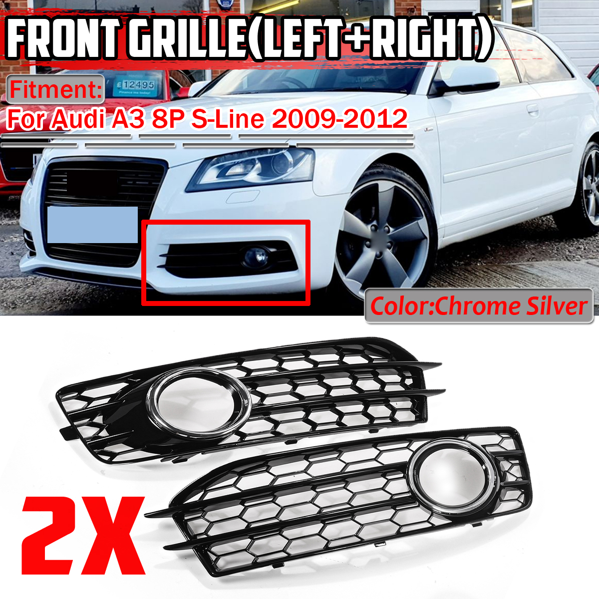 FrontFogLightLampGrilleGrillCoverHoneycombHexChromeSilverForAudiA38PS-Line2009-2012-1750297-1