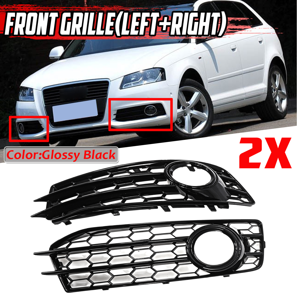 FrontFogLightLampGrilleGrillCoverHoneycombHexGlossyBlackForAudiA38PS-Line2009-2012-1750298-1