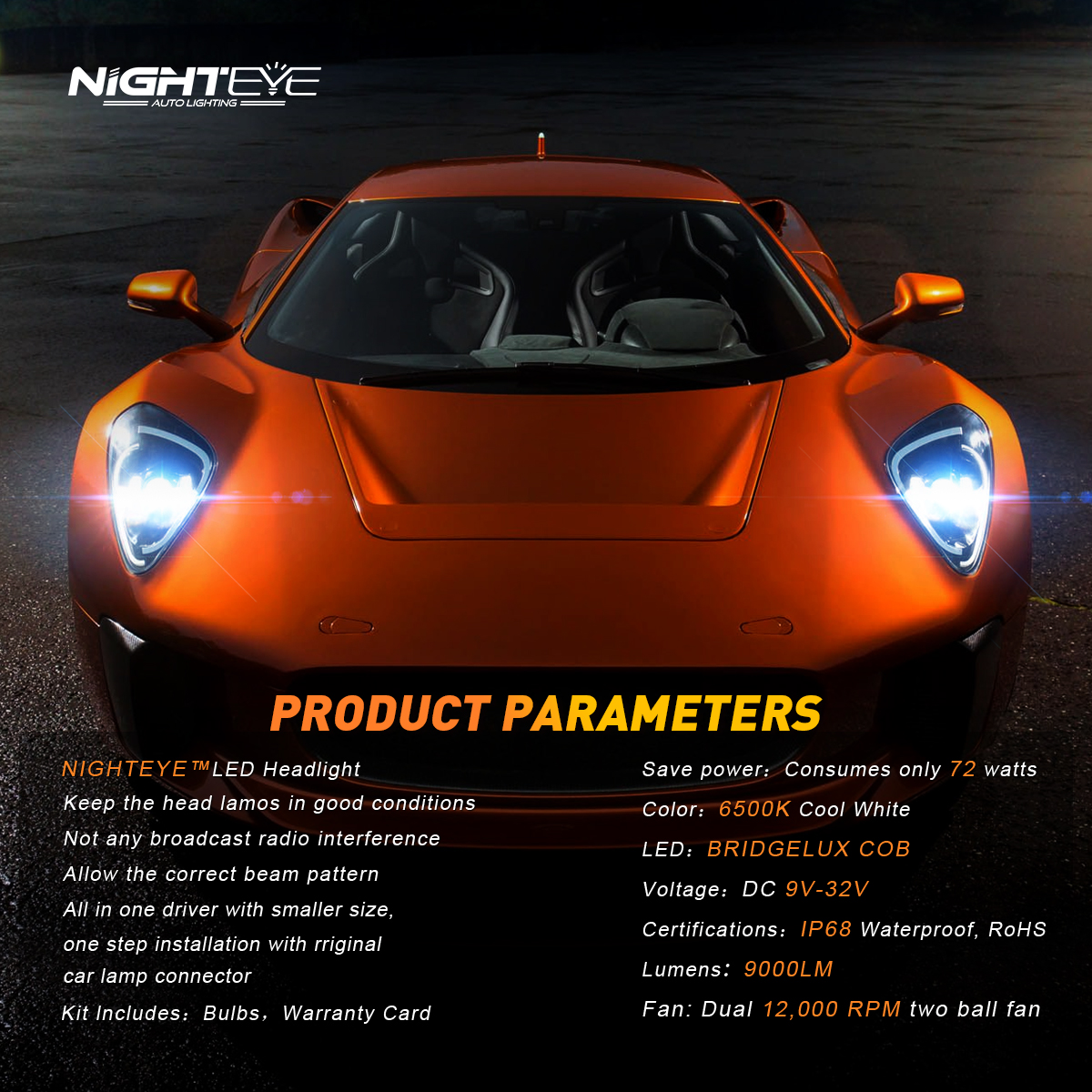 NighteyeA315-S2DC9V-32VPairLEDCarHeadlights6500KCoolWhite9000LMPairLEDHeadlampIP68WaterproofHighLowB-1993793-11