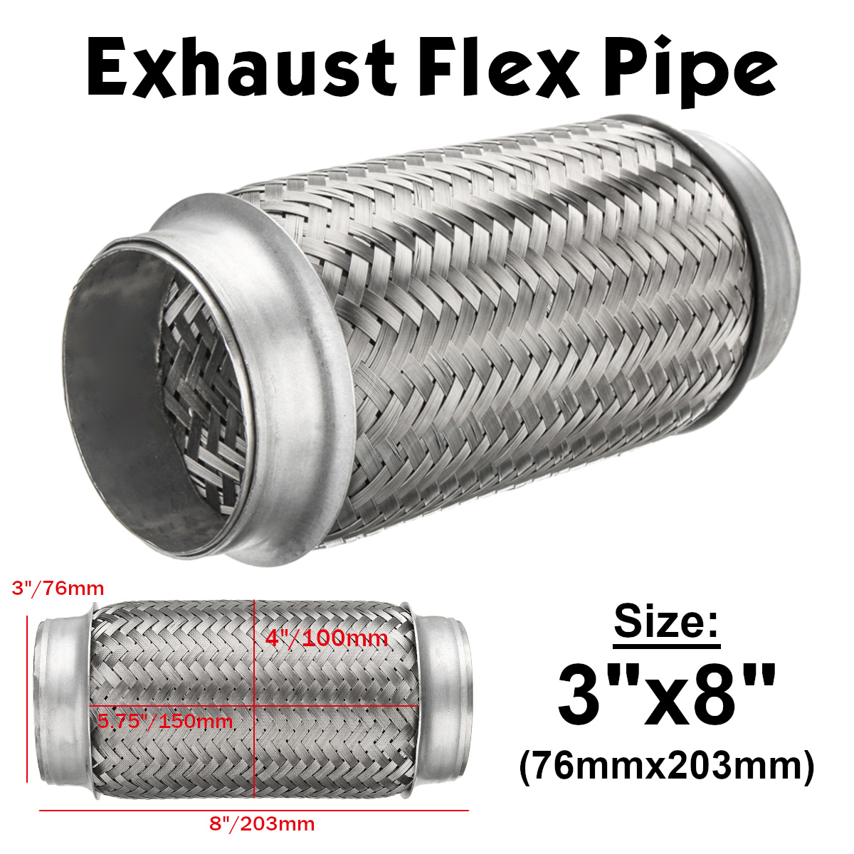 3X8Inch76X203mmWeldOnExhaustMufflerFlexPipeStainlessSteelDoubleBraid-1382334-3