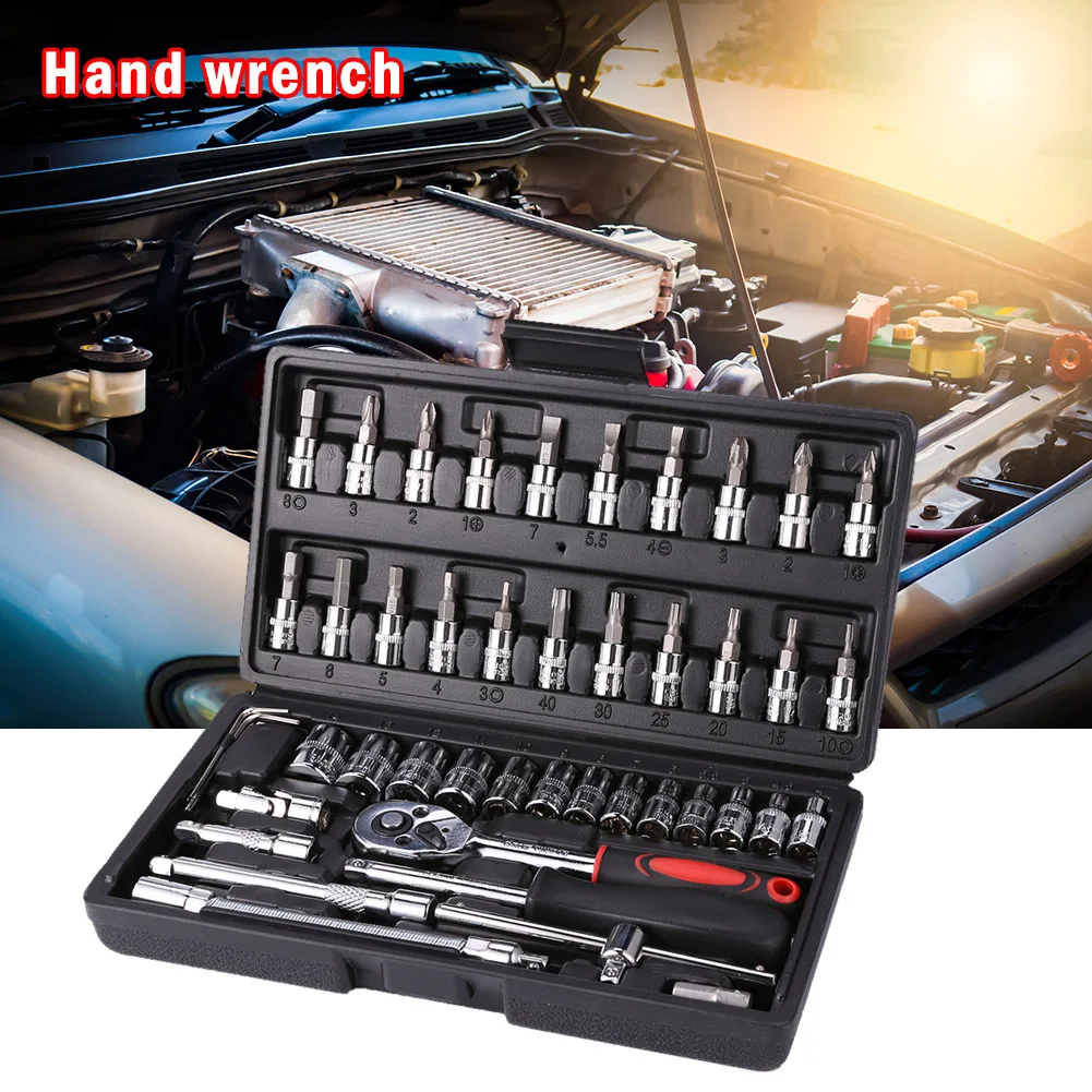 46PcsSocketWrenchSetComboToolAutoRepairScrewdriverCombination14InchRatchetWrenchSetwithMetricDrillBi-2013546-1