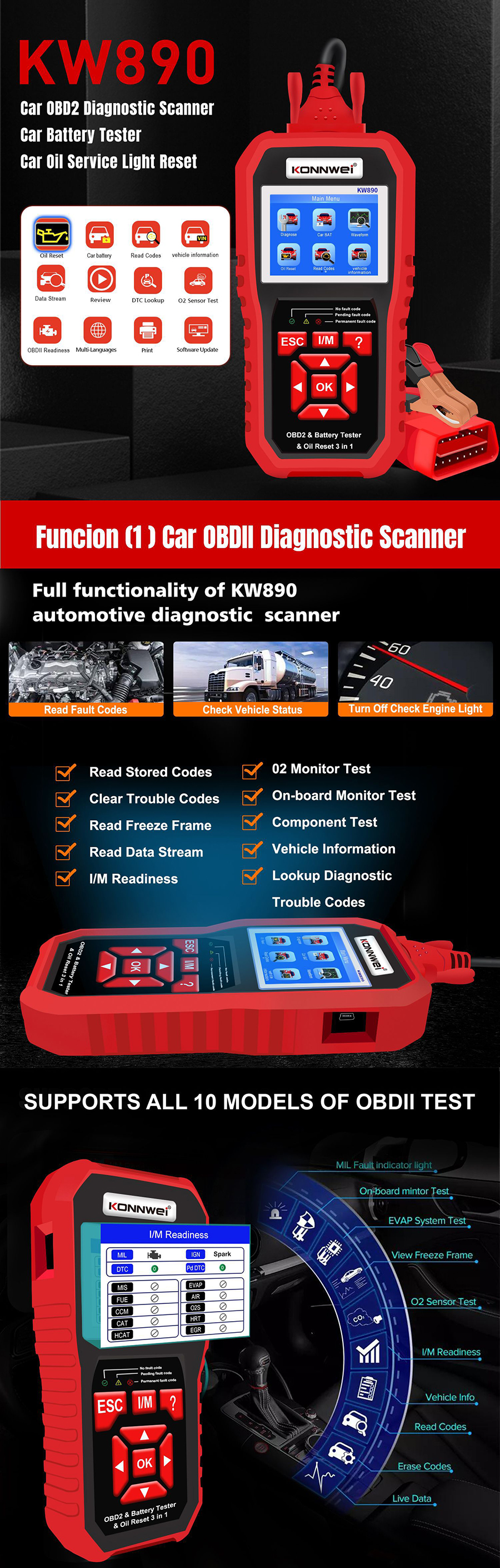KONNWEIKW8903in1OBD212VAutomotiveFaultDiagnosisScannerInstrumentBatteryTesterOilSeviceLightResetforL-1987541-2