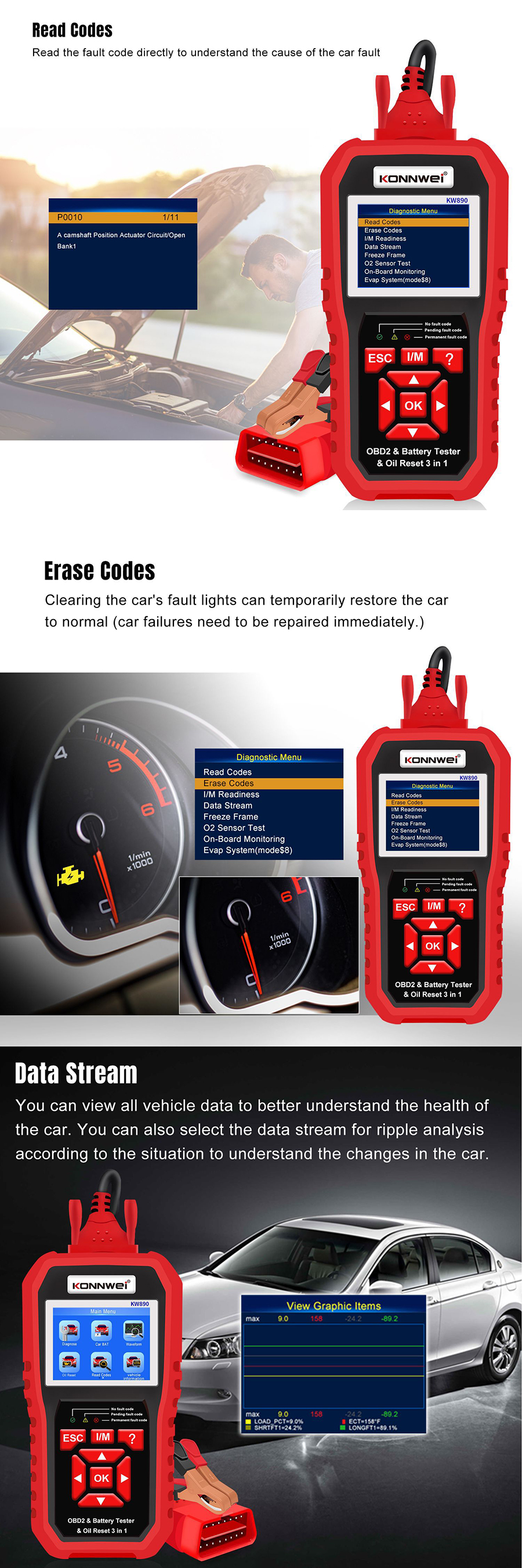 KONNWEIKW8903in1OBD212VAutomotiveFaultDiagnosisScannerInstrumentBatteryTesterOilSeviceLightResetforL-1987541-4