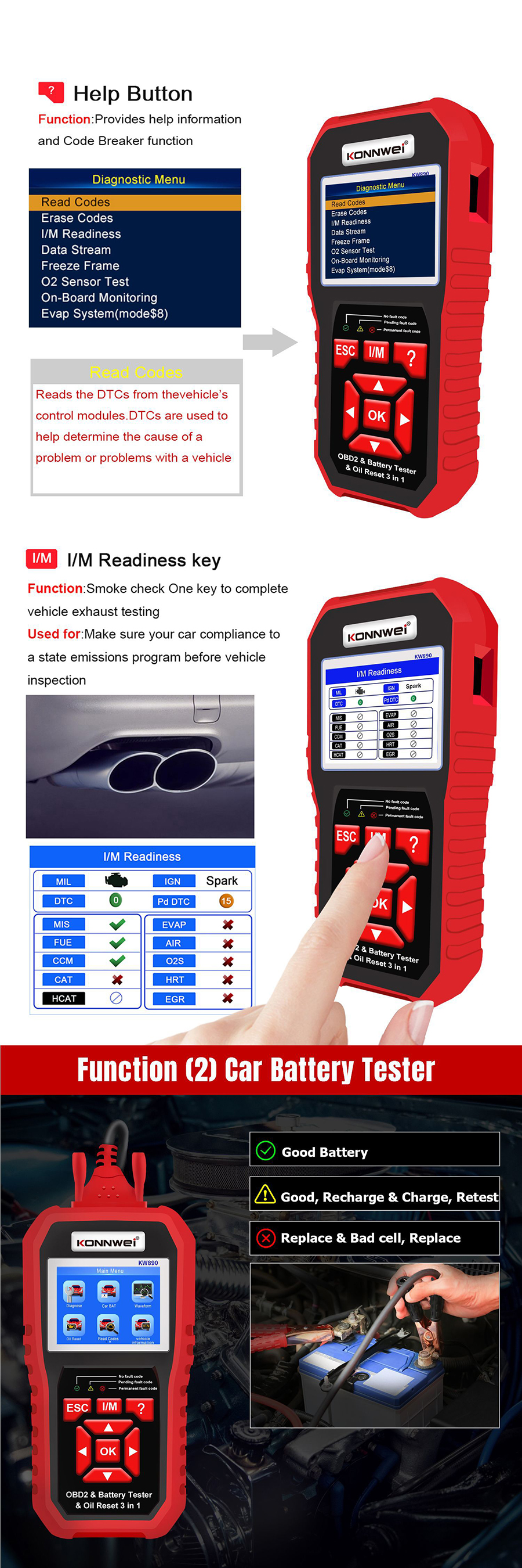 KONNWEIKW8903in1OBD212VAutomotiveFaultDiagnosisScannerInstrumentBatteryTesterOilSeviceLightResetforL-1987541-5