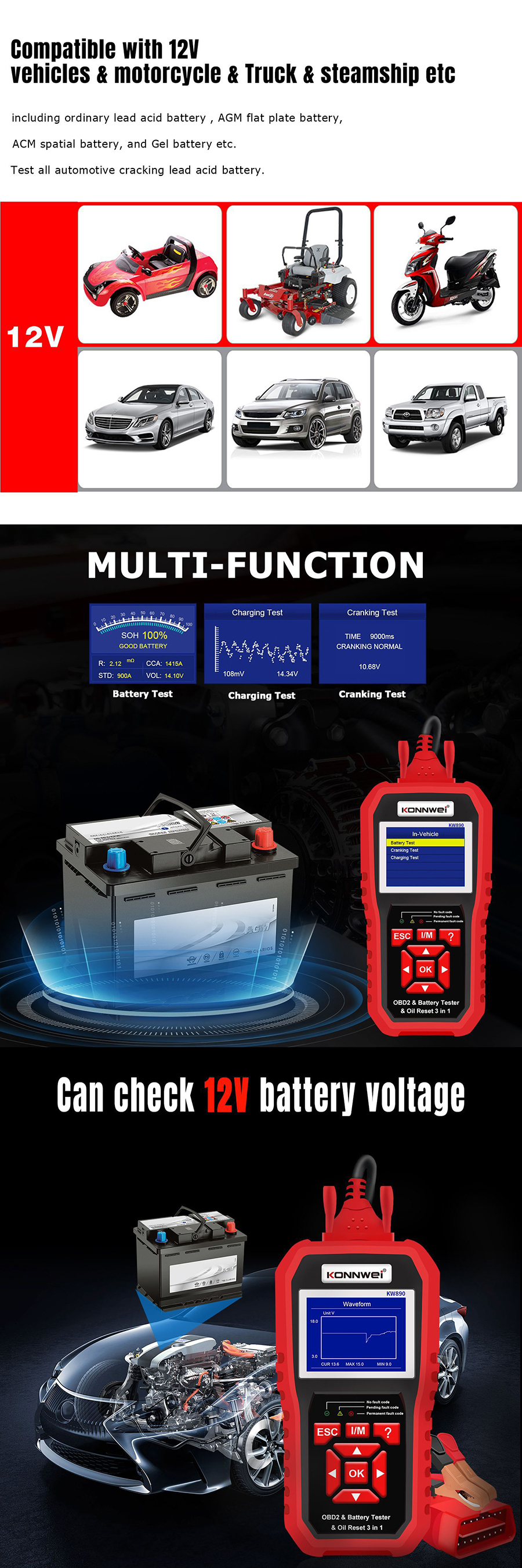 KONNWEIKW8903in1OBD212VAutomotiveFaultDiagnosisScannerInstrumentBatteryTesterOilSeviceLightResetforL-1987541-6