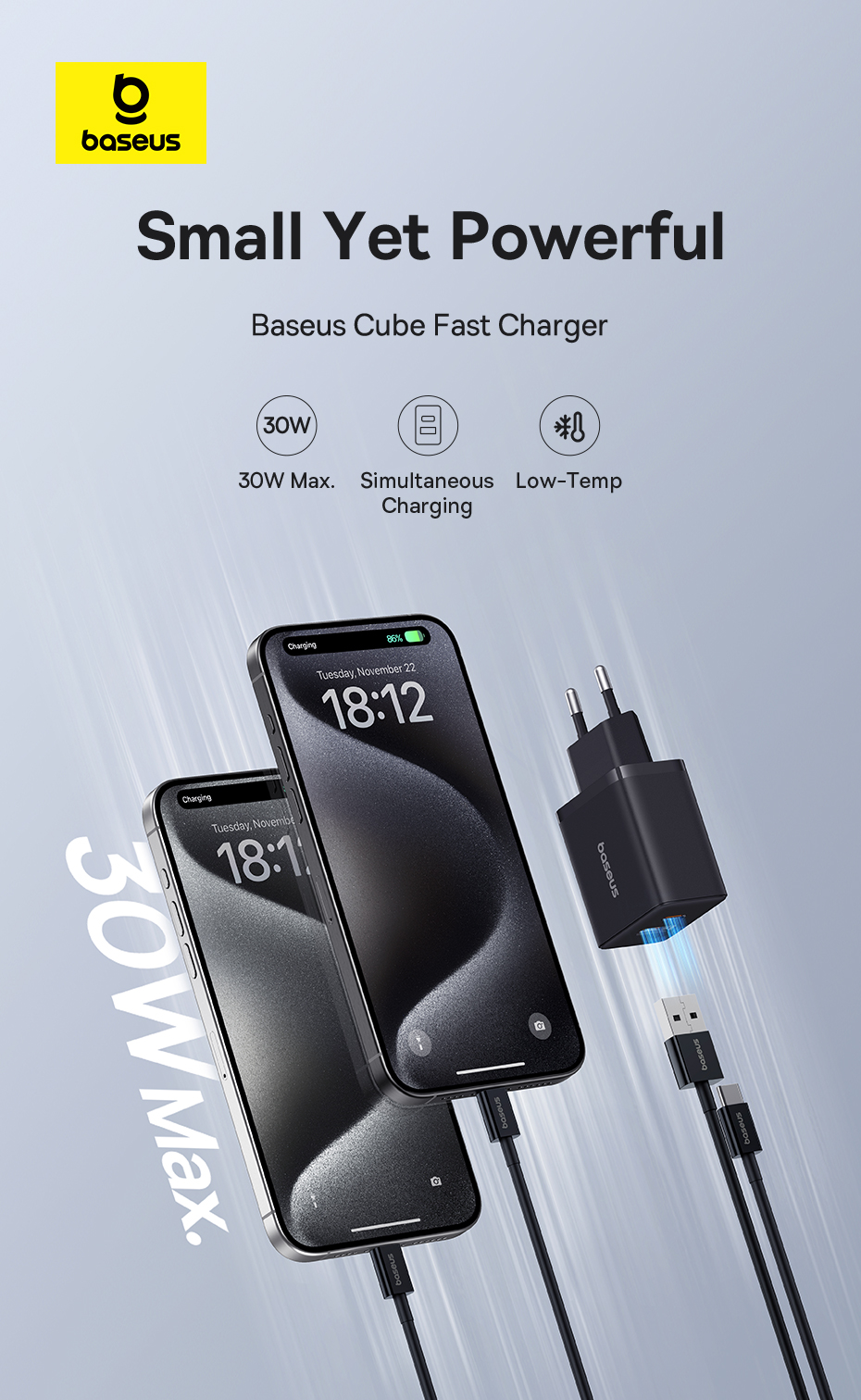 BaseusCube30W2-PortUSBPDChargerUSB-AType-CPD30QC30BC12PPSApple24FastChargingWallChargerAdapterEUPlug-2010215-1