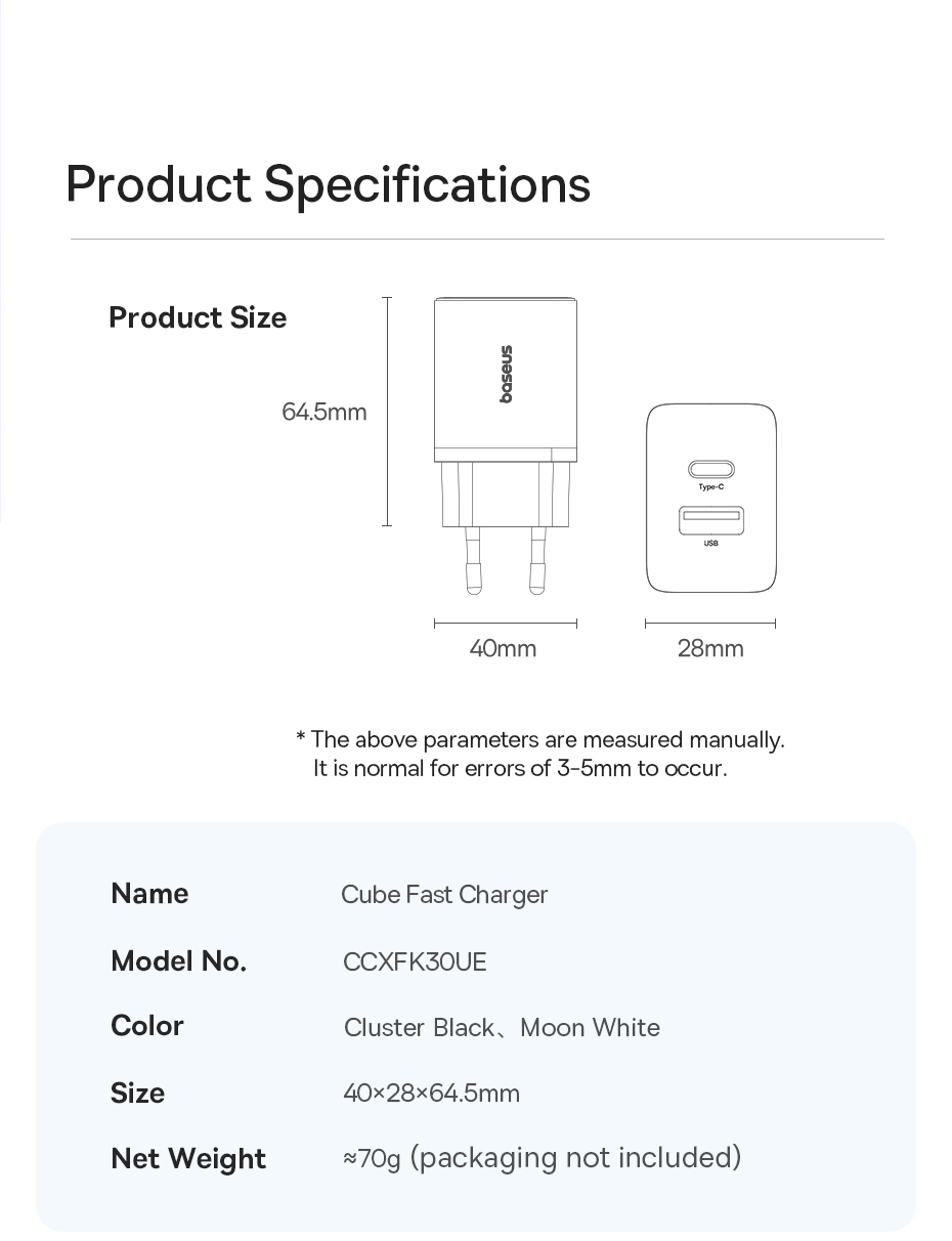 BaseusCube30W2-PortUSBPDChargerUSB-AType-CPD30QC30BC12PPSApple24FastChargingWallChargerAdapterEUPlug-2010215-9