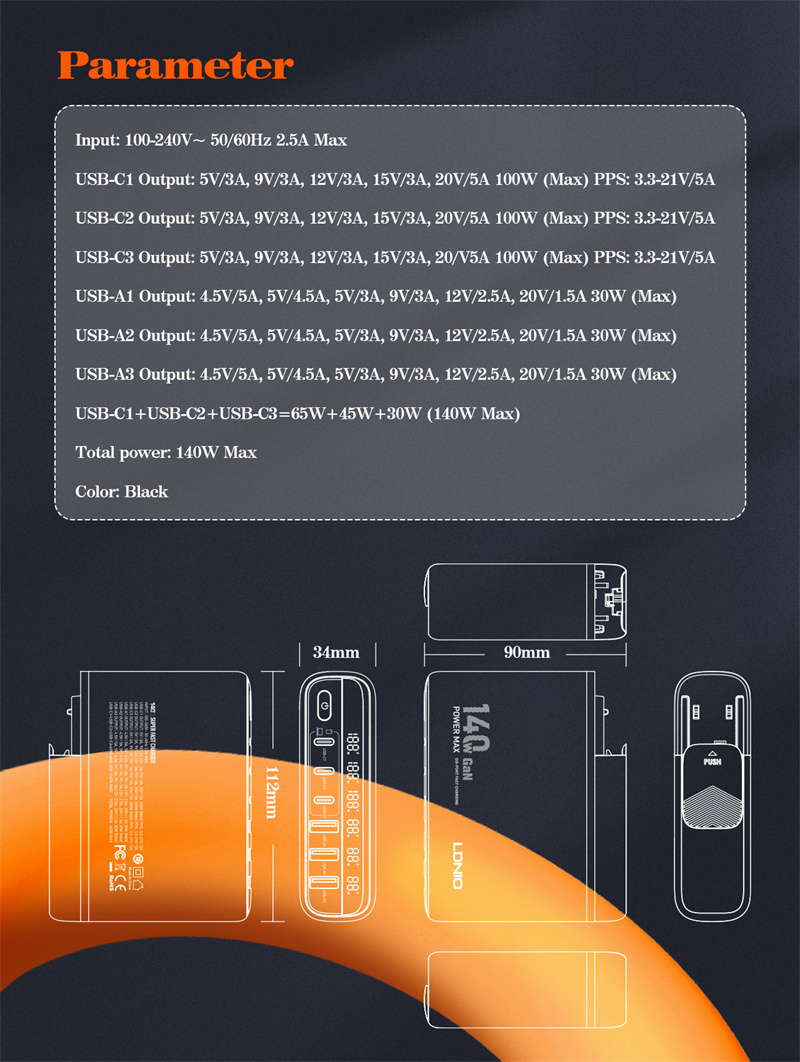 GaNTechLDNIOA6140C140W6-PortUSBPDCharger3USB-C3USB-APDQC30AFCFCPSCPFastChargingWallChargerAdapterRep-1997599-18