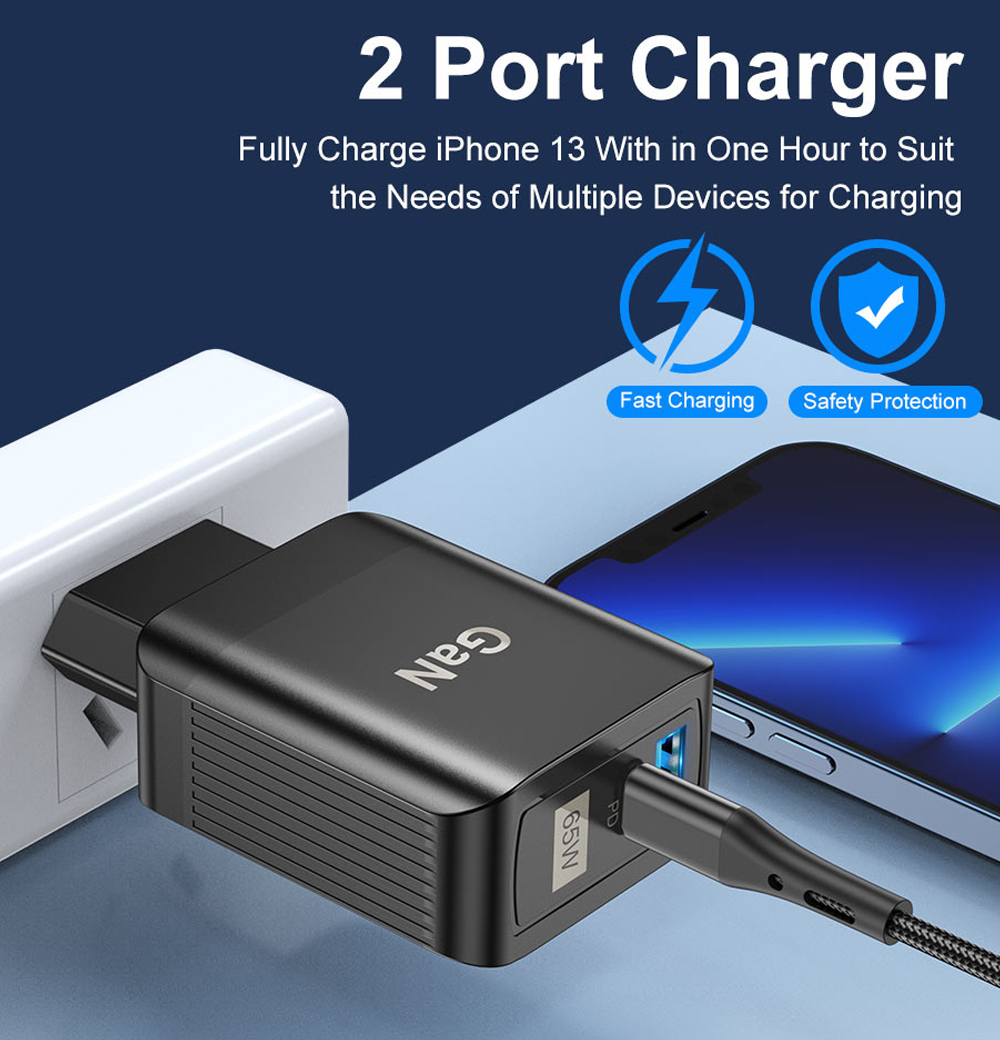 GaNTechUSLION65W2-PortUSBPDChargerDual33WUSB-APD30QC30PPSFastChargingWallChargerAdapterEUPlugUSPlugU-1974804-2