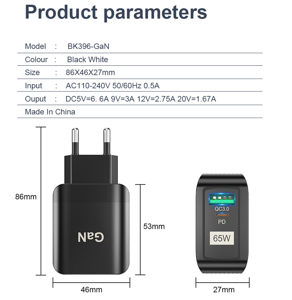 GaNTechUSLION65W2-PortUSBPDChargerDual33WUSB-APD30QC30PPSFastChargingWallChargerAdapterEUPlugUSPlugU-1974804-9