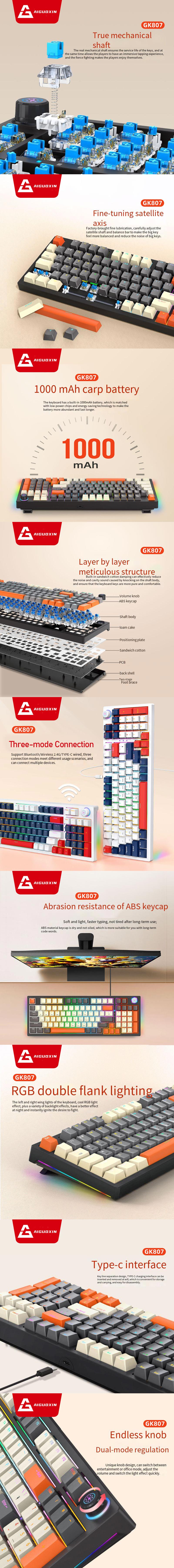 AIGUOXINGK807Tri-modeMechanicalKeyboard96KeysHotSwappableBlueSwitchRGBNKRO24GBTType-CGamingKeyboardw-2013090-1