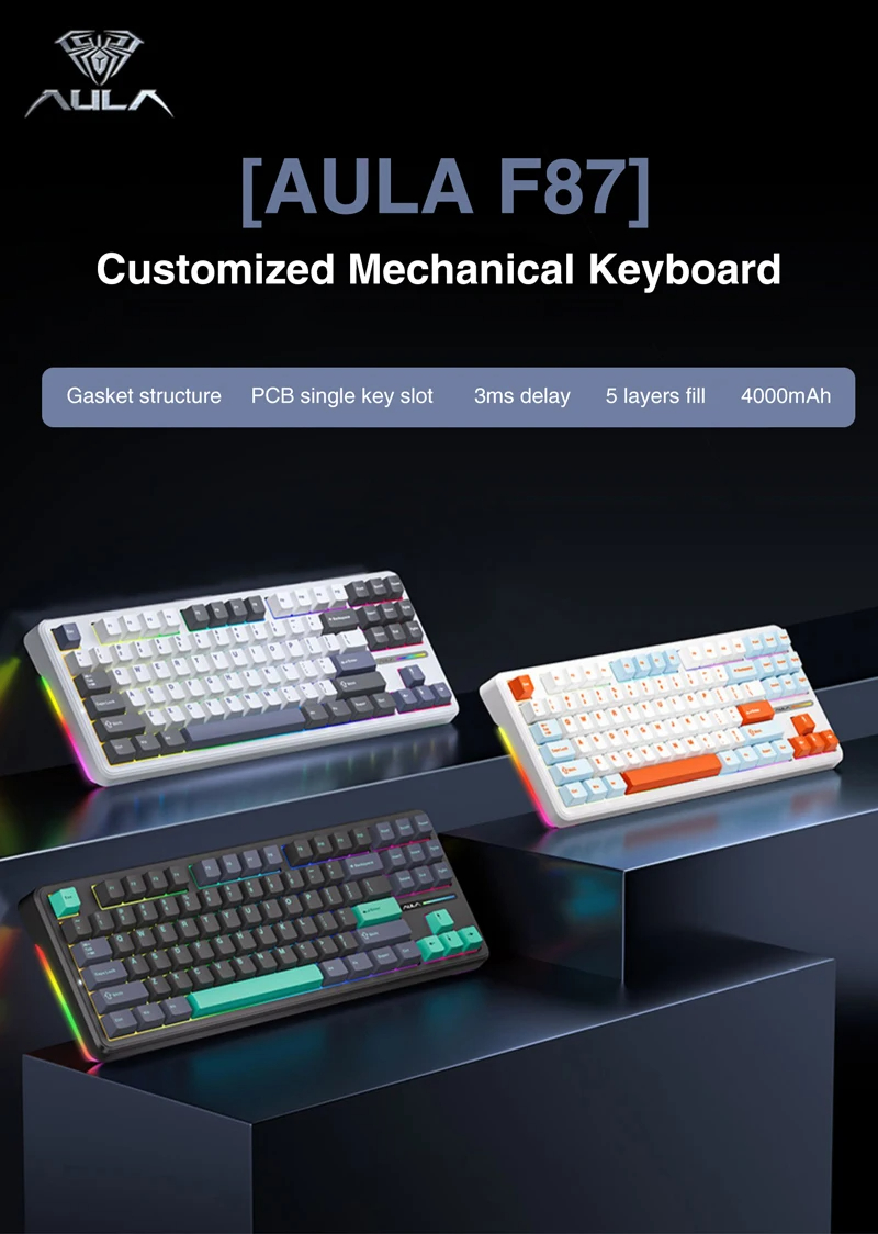 AULAF87MechanicalGamingKeyboardTri-modeWiredGamerKeyboard87KeysHotswapRGBPBTGasketCustomizedKeyboard-2013480-2