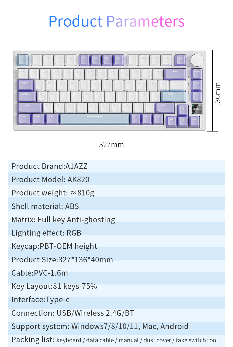 AjazzAK820proDisplayScreenMechanicalGamingKeyboard81-KeysColorScreenLayoutRGBPBT24GBTUSBWiredGamingK-2013593-14