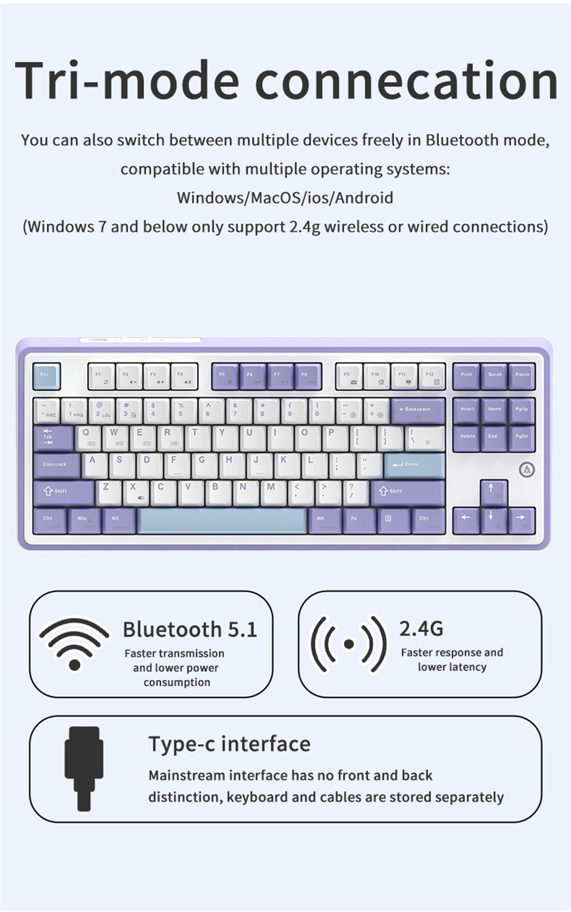 AjazzAk870pro87KeysTri-modeMechanicalGamingKeyboardGasket-StructureRGBPBTHotSwappable24GBTWiredGamer-2013594-8