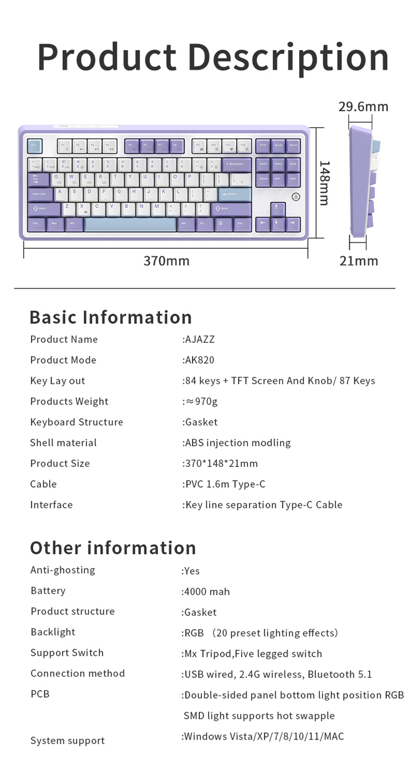 AjazzAk870pro87KeysTri-modeMechanicalGamingKeyboardGasket-StructureRGBPBTHotSwappable24GBTWiredGamer-2013594-9