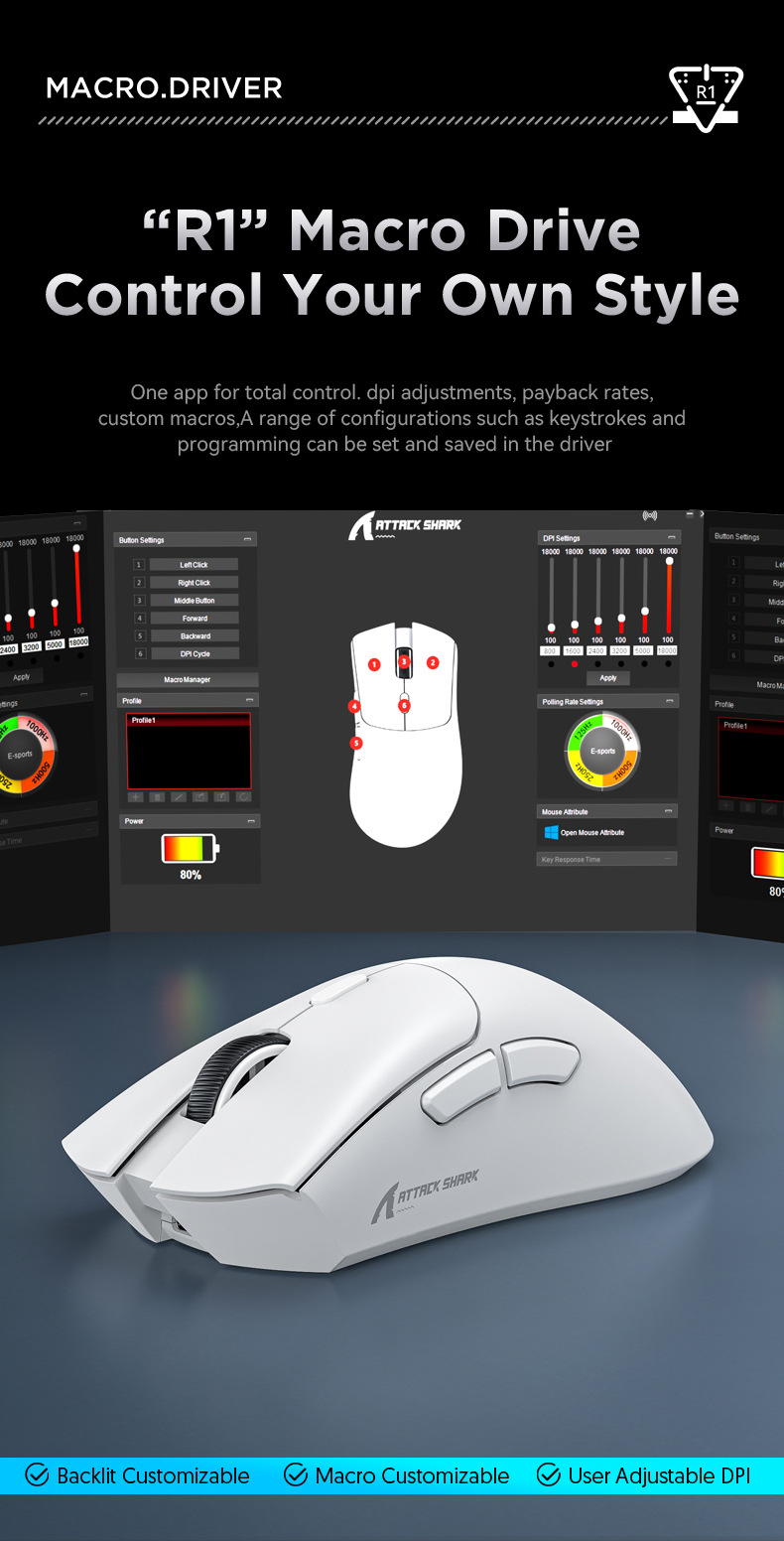 AttackSharkR1WirelessMouseTri-modePWA3311SensorTTCEncoder800-18000DPIE-SportsGamingMouse59gLightweig-2013473-13