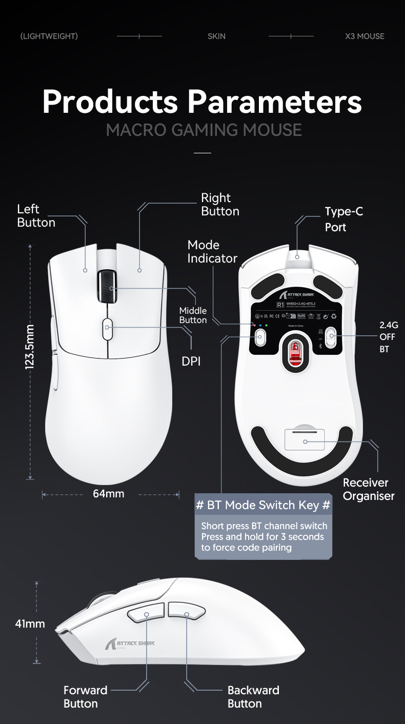 AttackSharkR1WirelessMouseTri-modePWA3311SensorTTCEncoder800-18000DPIE-SportsGamingMouse59gLightweig-2013473-14