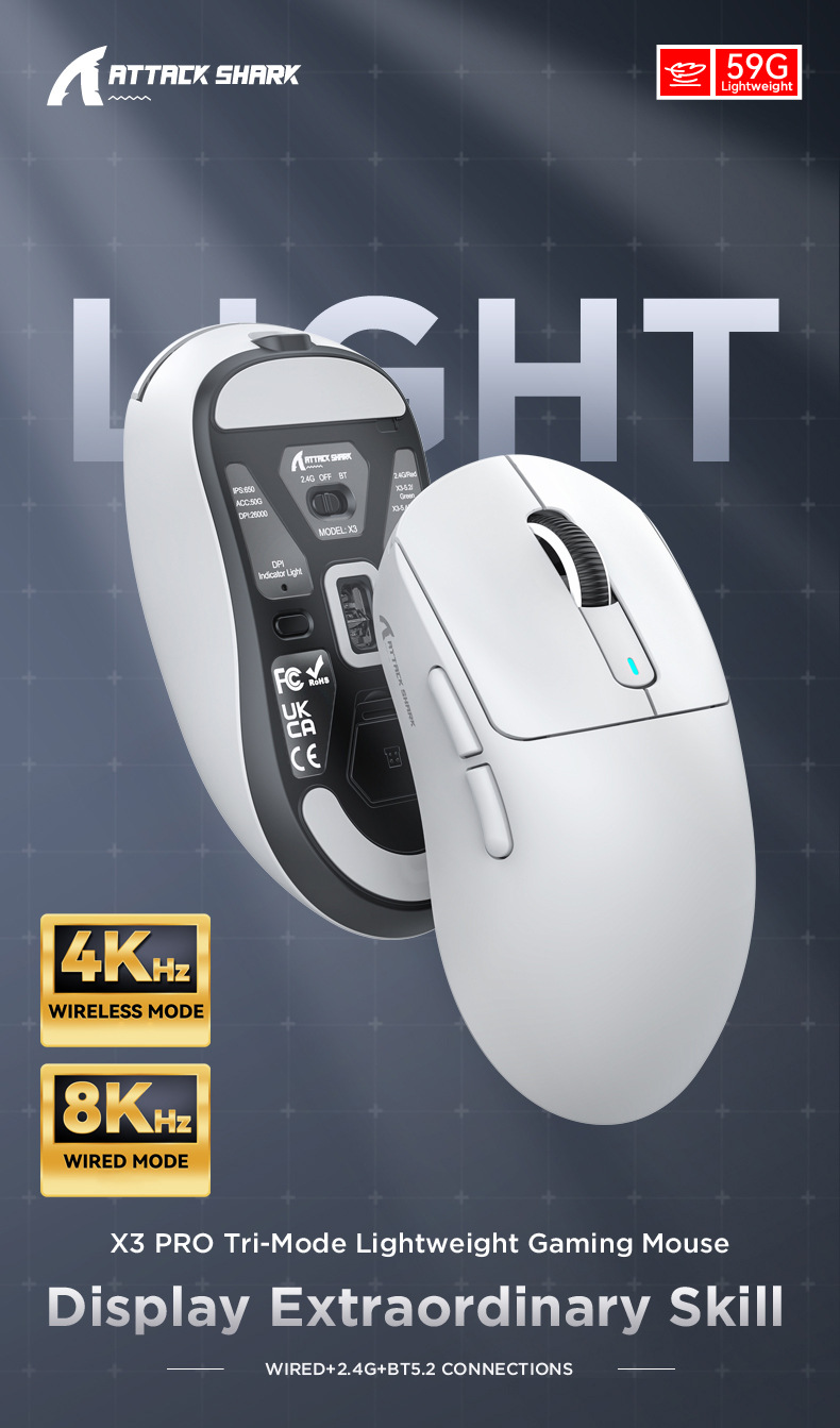 AttackSharkX3ProWirelessGamingMouseTri-modePAW3395Sensor800-26000DPIWired24GBTE-SportsGamerMice4K8KR-2013457-1