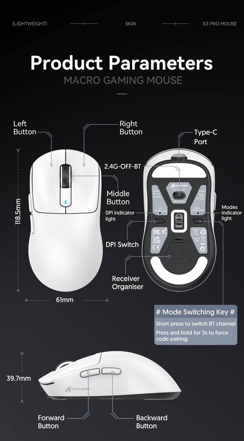 AttackSharkX3ProWirelessGamingMouseTri-modePAW3395Sensor800-26000DPIWired24GBTE-SportsGamerMice4K8KR-2013457-14