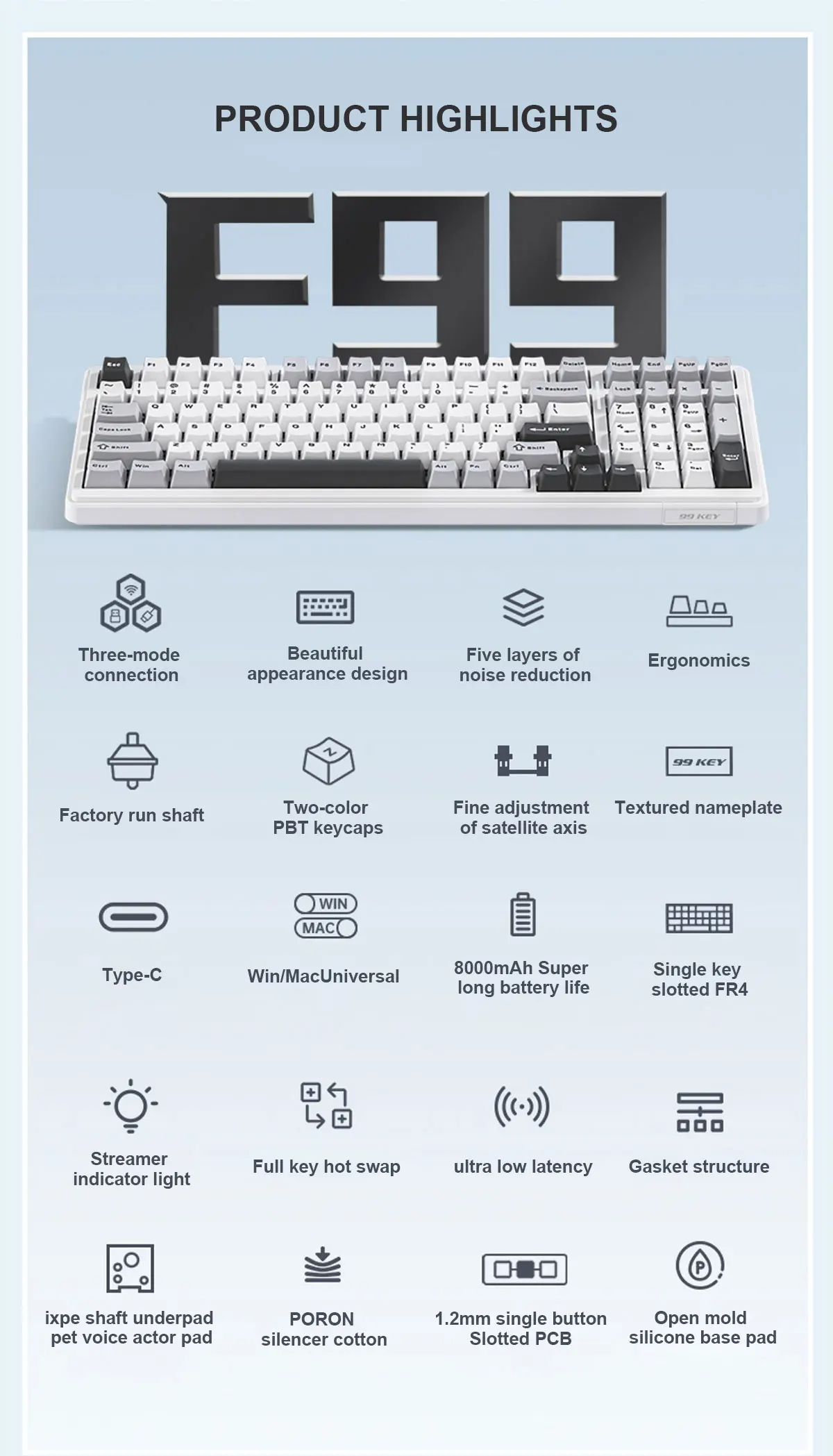 AulaF99MechanicalGamingKeyboard99KeysTri-modeHotSwappablePBTTwo-ColorKeycapBT24GType-CGasketRGBCusto-2013521-2