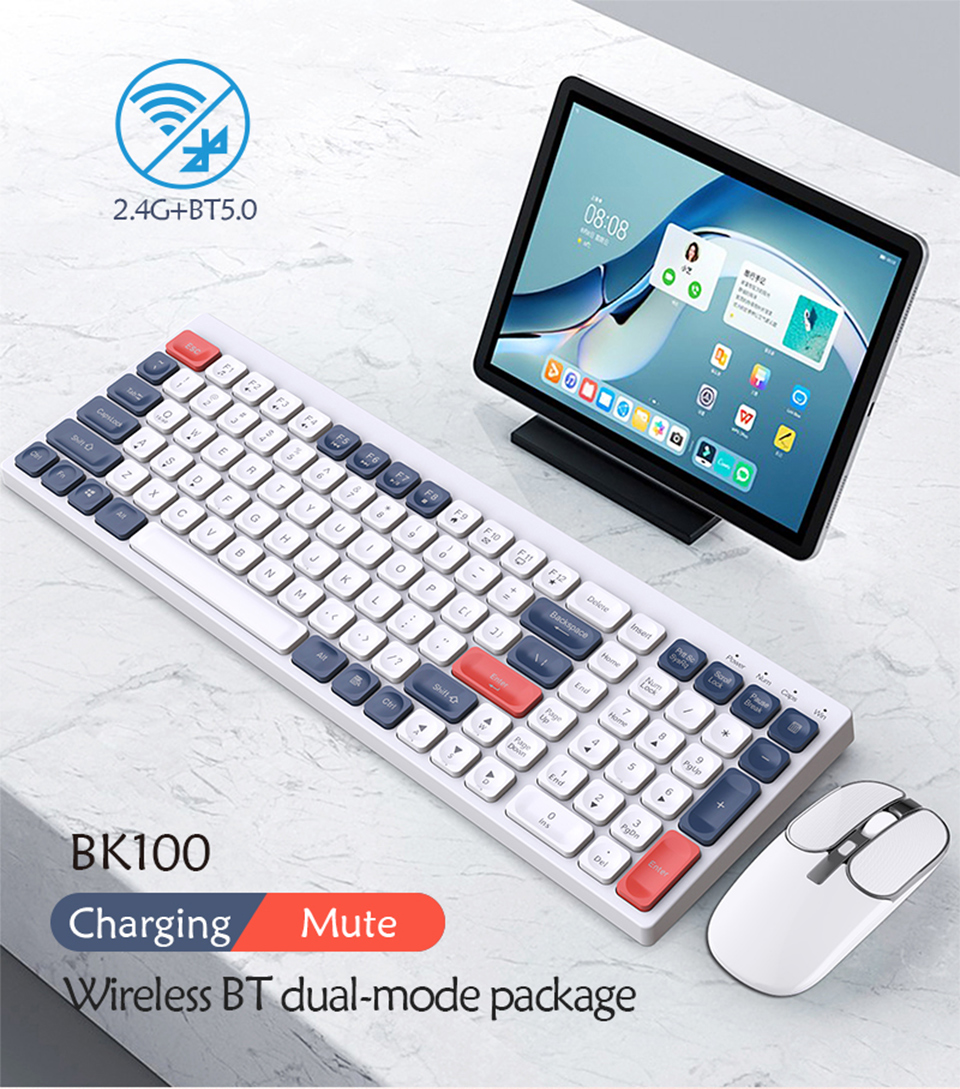 BK100WirelessKeyboardandMouseSetBluetooth24GHzTypeCRechargeableMiniSilentPcSlimOfficeGamingKeyboardK-1991709-1