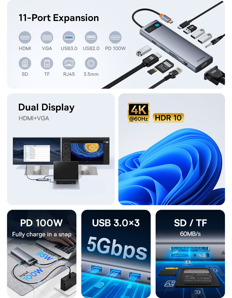 BaseusMetalGleamSeries11-in-1Type-CDockingStationUSBAdapterwithUSB20USB303PD100WUSB-CHDMIVGARJ45SDTF-1996180-2