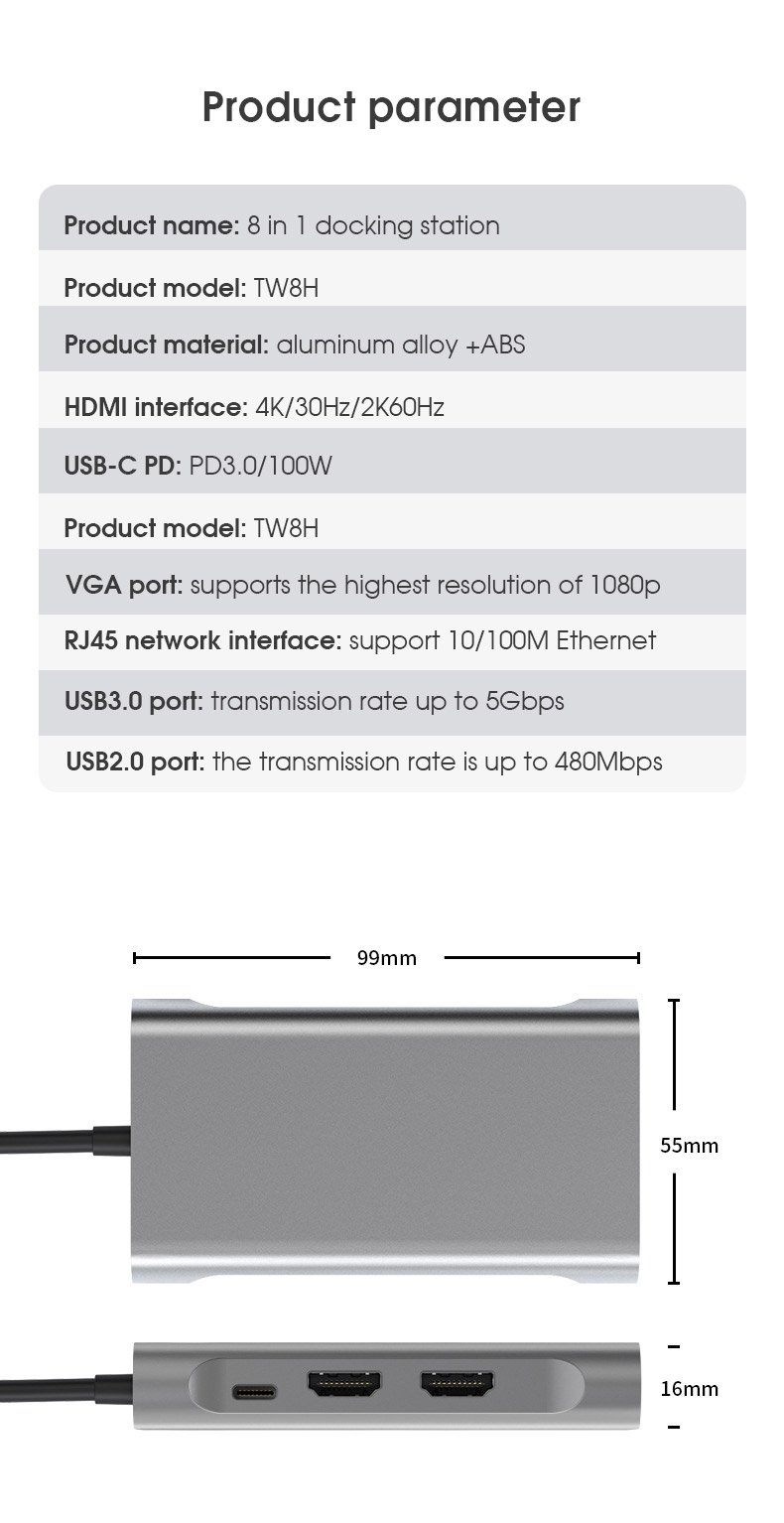 BasixTW8H8in1USB30HubDockingStationUSBAdapterwithUSB202USB304KHDMI21080PVGAPD100WUSB-C100MRJ45forPCL-1995554-12