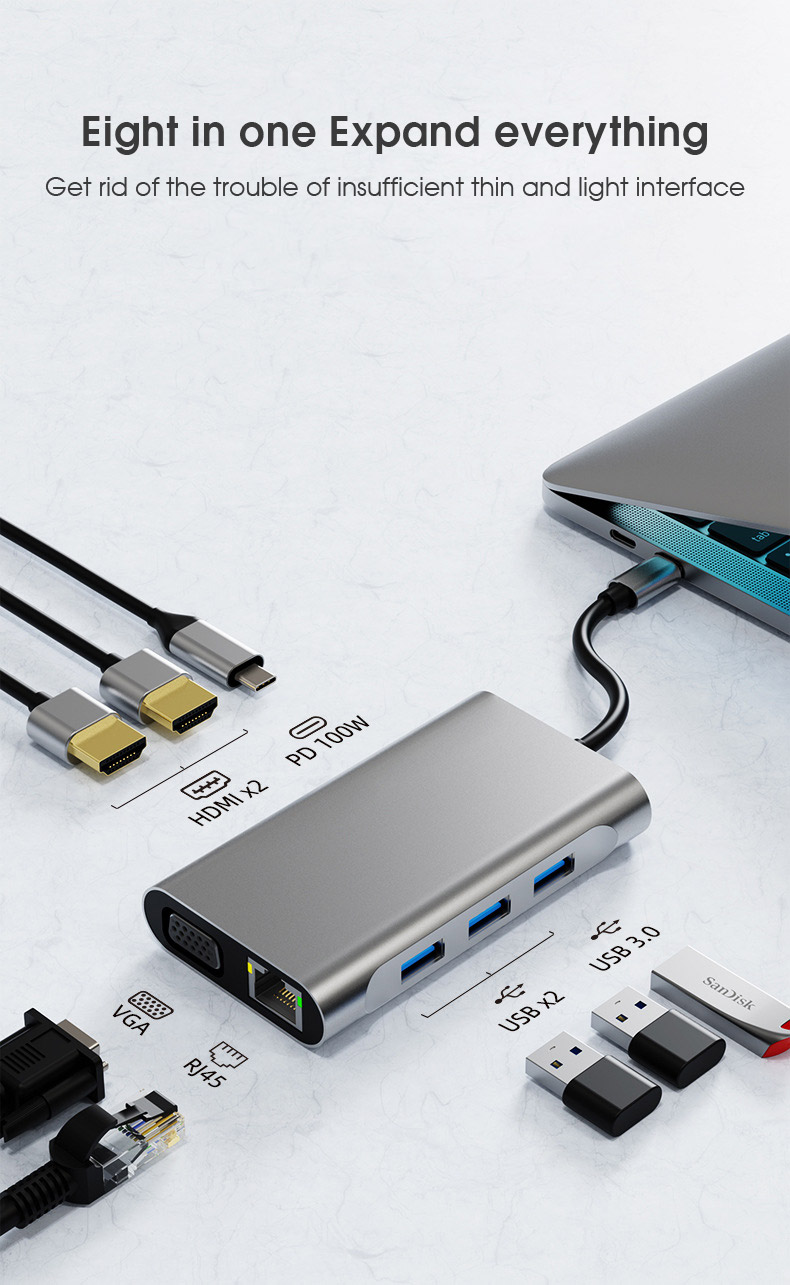 BasixTW8H8in1USB30HubDockingStationUSBAdapterwithUSB202USB304KHDMI21080PVGAPD100WUSB-C100MRJ45forPCL-1995554-3