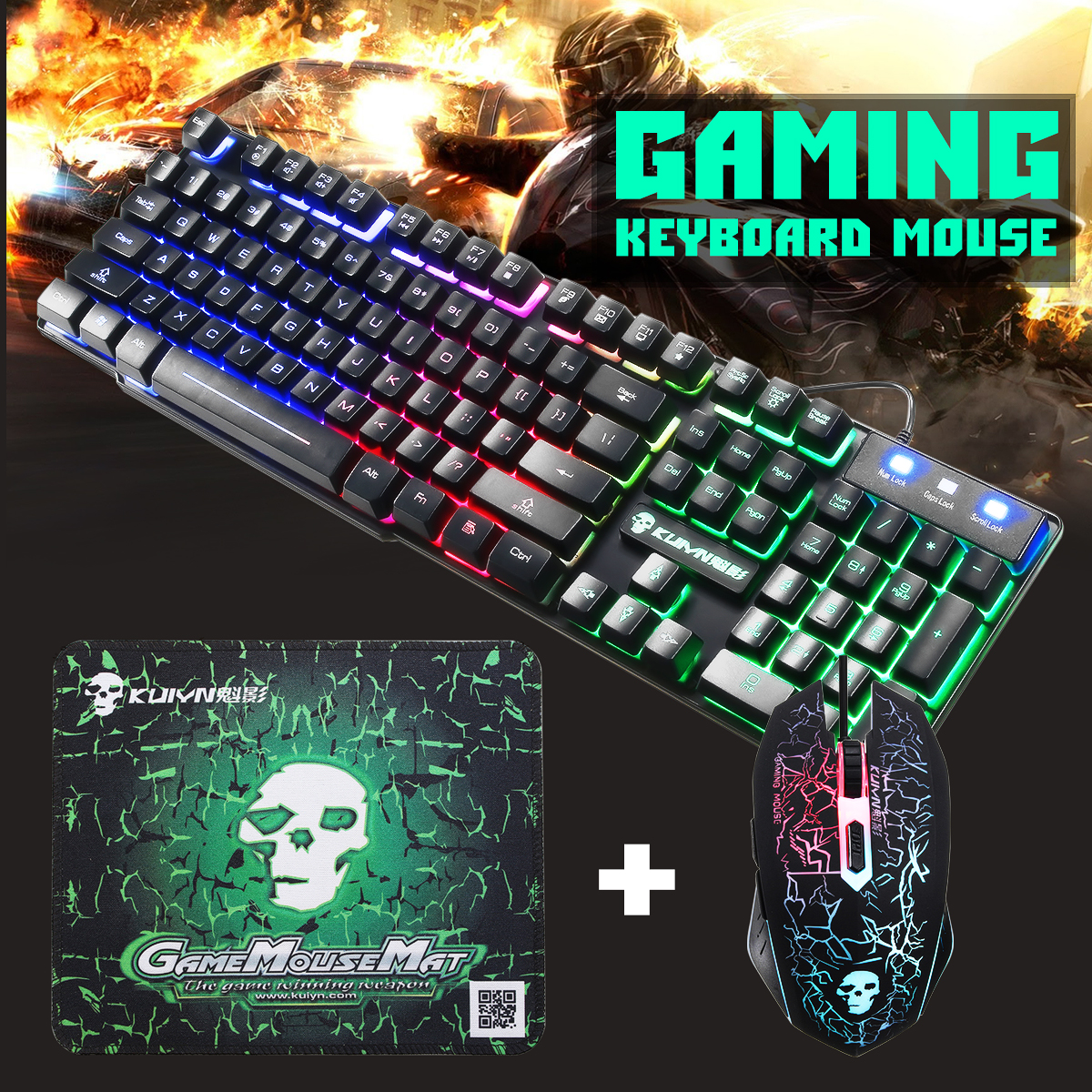 ColorfulBacklightUSBWiredGamingKeyboard2400DPILEDGamingMouseCombowithMousePad-1267321-1