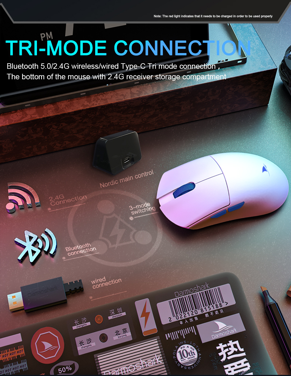 DarmosharkM3-4KWirelessMouseThreeModebluetoothWired24GWirelessGamerMouse400-800-1600-3200-4800DPITTC-2001556-4