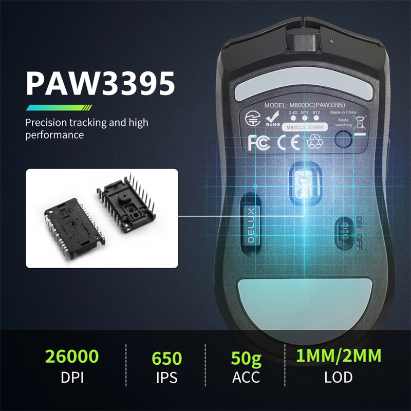 DeluxM800ProWirelessGamingMousePAW3395Tri-mode26000DPIRechargeableE-sportsMiceLightweight69gwith6Pro-2013458-5