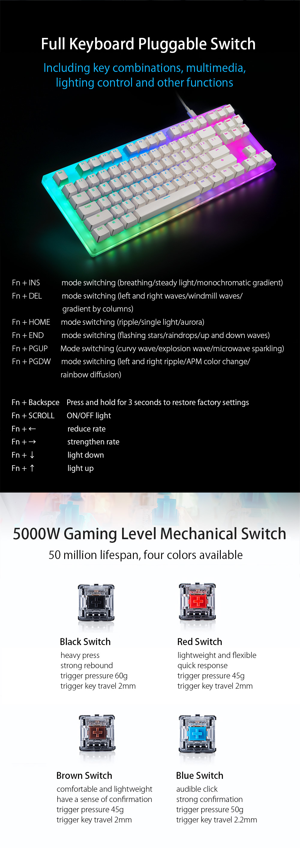 GAMAKAYK87MechanicalKeyboard87KeysHotSwappableType-CWiredUSB31NKROTranslucentGlassBaseGateronSwitchA-2008502-7