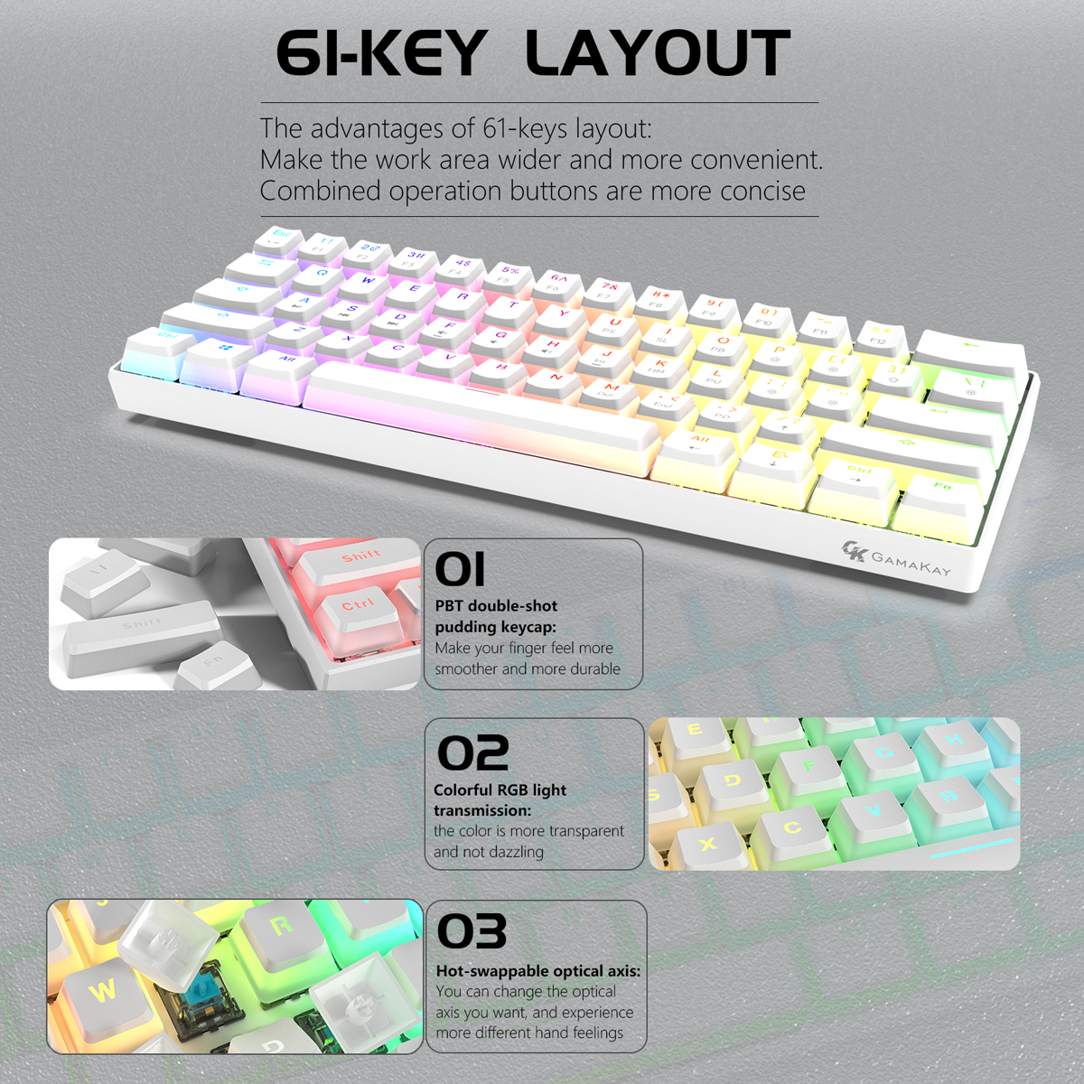 GAMAKAYMK61WiredMechanicalKeyboardGateronOpticalSwitchPuddingKeycapsRGB61KeysHotSwappableGamingKeybo-1797608-1