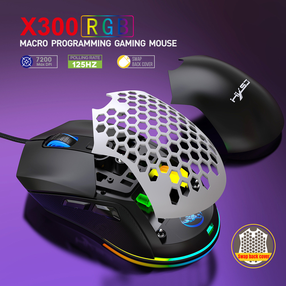 HXSJX300WiredMouse1200-7200DPIAdjustable6-keyMacroProgrammingMicewithRGBBacklitSwapBackCover125HzPol-1978605-1