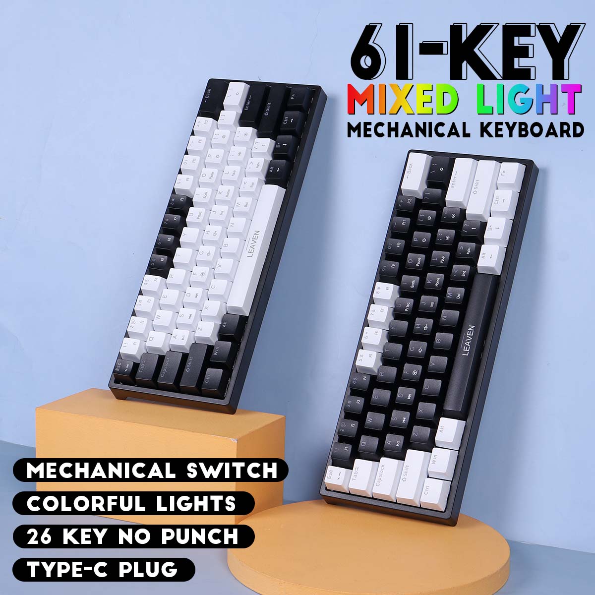 LEAVENK620MechanicalKeyboard61KeysPBTTranslucentDual-ColorInjectionKeycapsBlueRedSwitchRGBBacklitDet-1953805-1