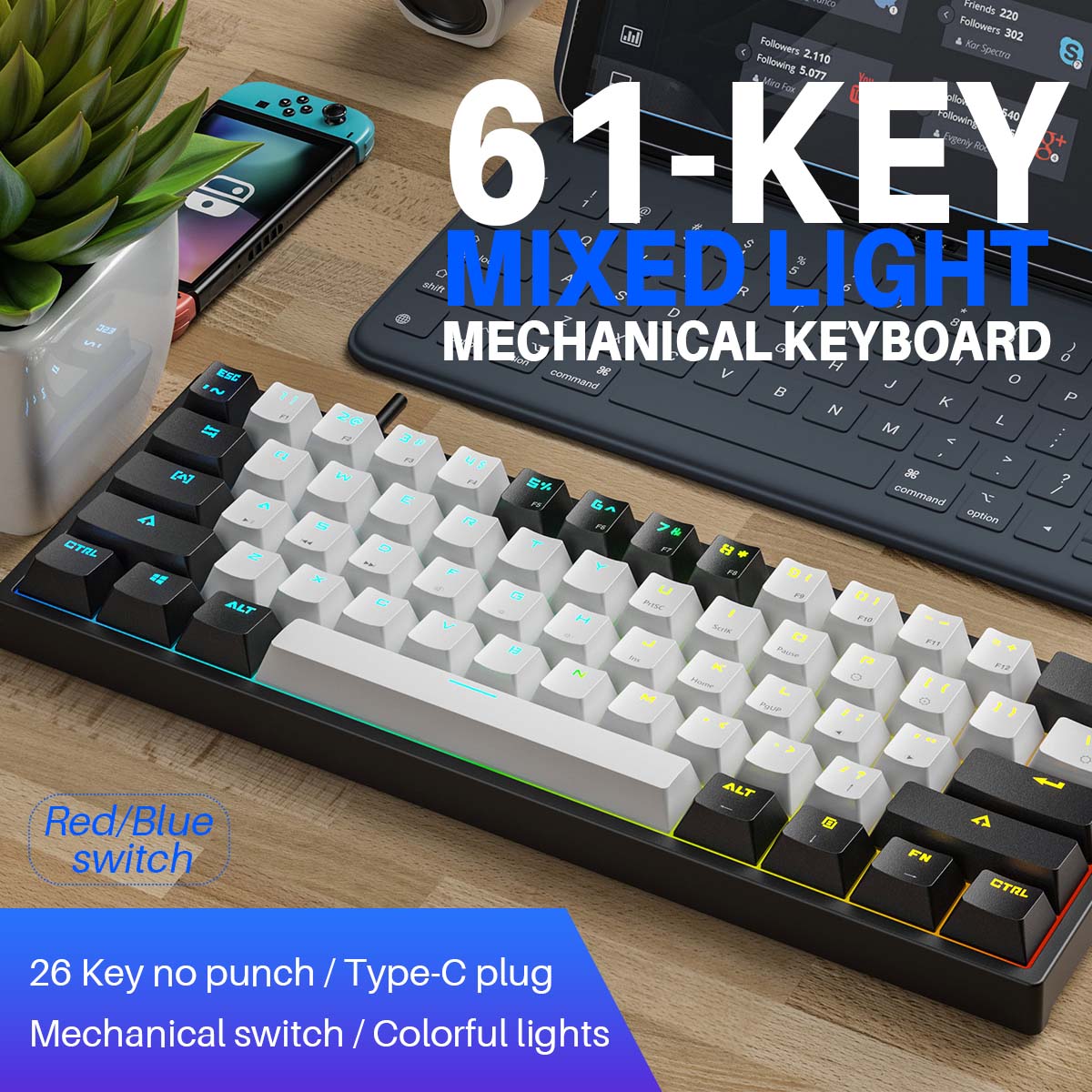 LEAVENK620MechanicalKeyboard61KeysPBTTranslucentDual-ColorInjectionKeycapsBlueRedSwitchRGBBacklitDet-1953805-2