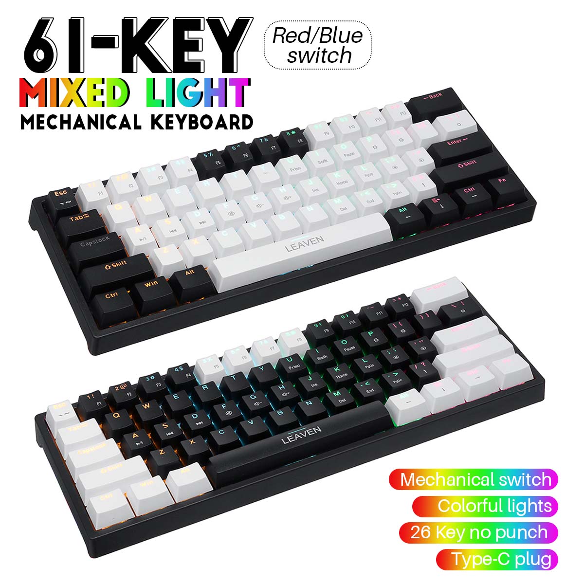 LEAVENK620MechanicalKeyboard61KeysPBTTranslucentDual-ColorInjectionKeycapsBlueRedSwitchRGBBacklitDet-1953805-7