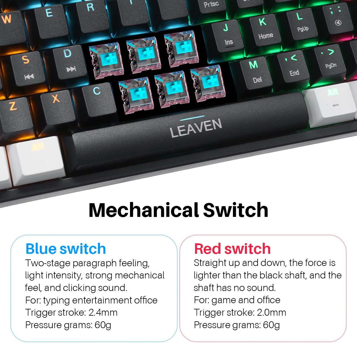 LEAVENK620MechanicalKeyboard61KeysPBTTranslucentDual-ColorInjectionKeycapsBlueRedSwitchRGBBacklitDet-1953805-9