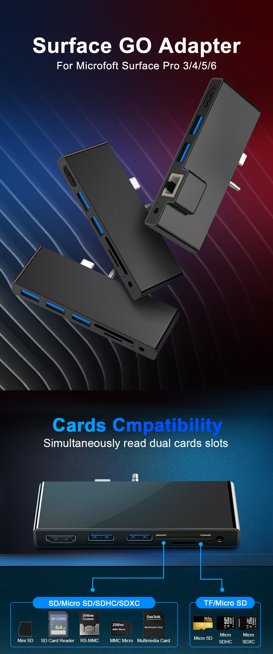 ROCKETEKSGO771SurfaceGOHub3USB30HubsSDCardReaderSurfaceGOAdapterwith2SDCardSlots35mmAudioPort-1623560-1