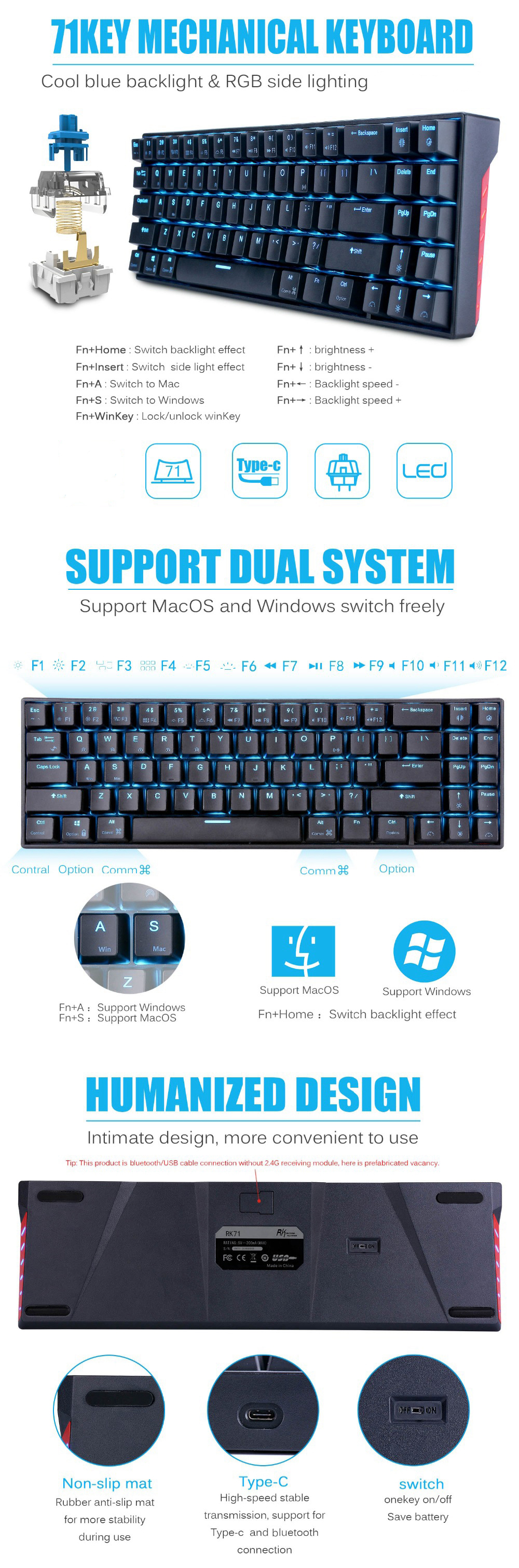 RoyalKludgeRK7171KeysMechanicalGamingKeyboardbluetooth30WirelessUSBWiredDualModeICEBlueLEDBacklightG-2008774-1
