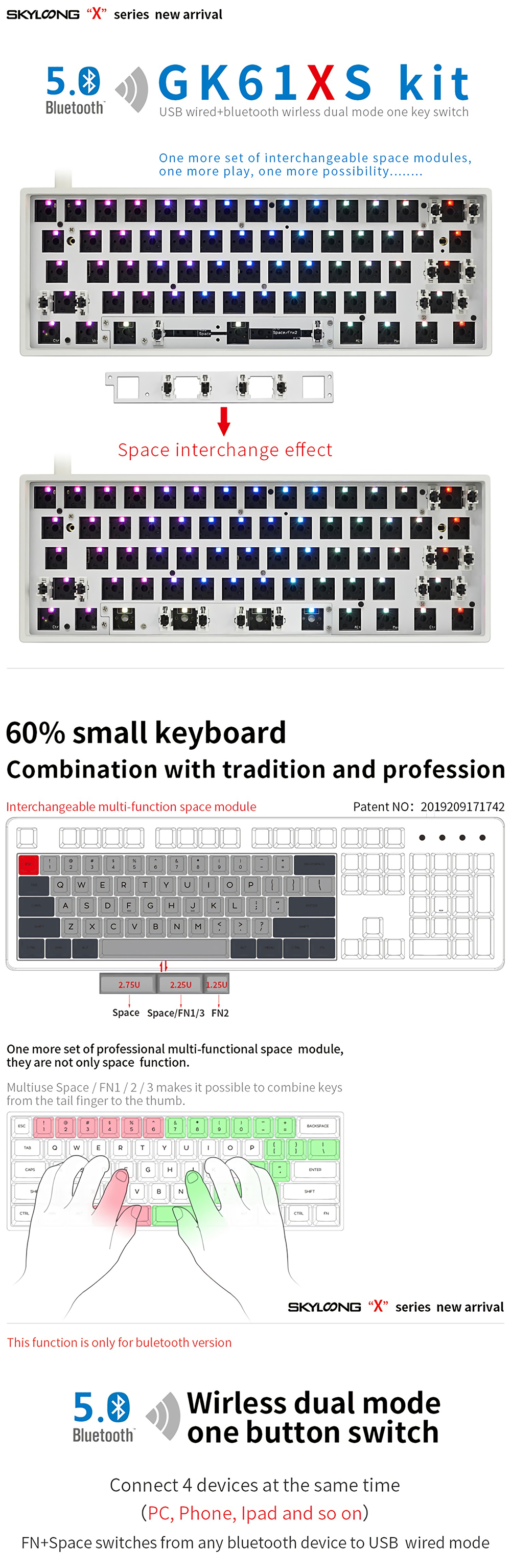 SKYLOONGGK61XGK61XSKeyboardKitHotSwappable60RGBWiredbluetoothDualModePCBMountingPlateCaseKeyboardCus-1982963-1