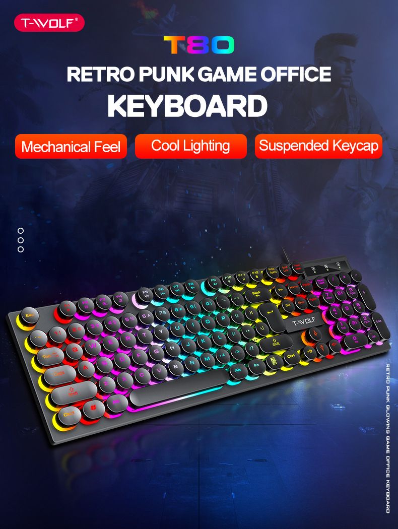 T-WOLFT80USBWiredRoundKeyboard104KeysRainbowRGBBacklightGamingKeyboardMechanicalFeelComputerPunkButt-1977329-1