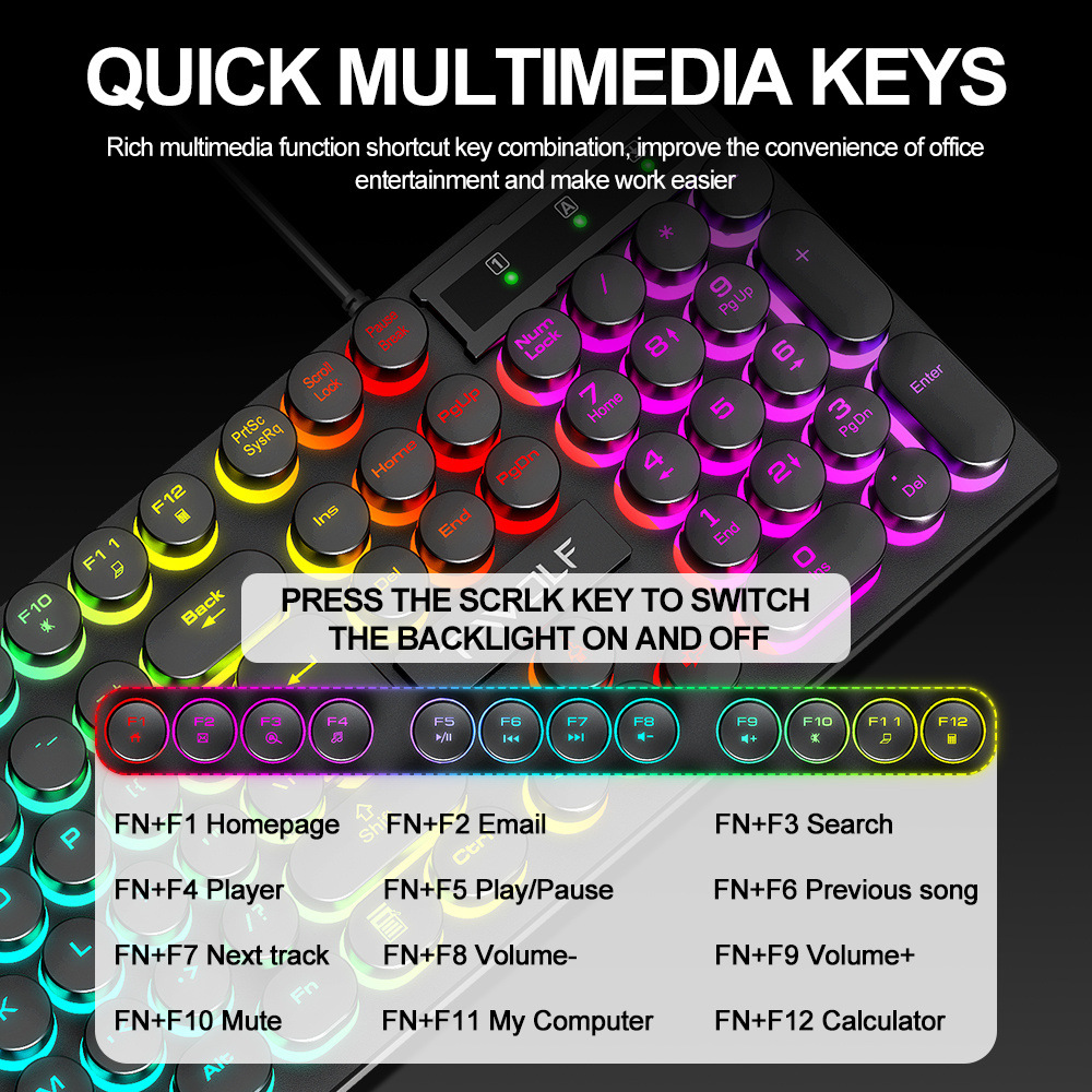 T-WOLFT80USBWiredRoundKeyboard104KeysRainbowRGBBacklightGamingKeyboardMechanicalFeelComputerPunkButt-1977329-2