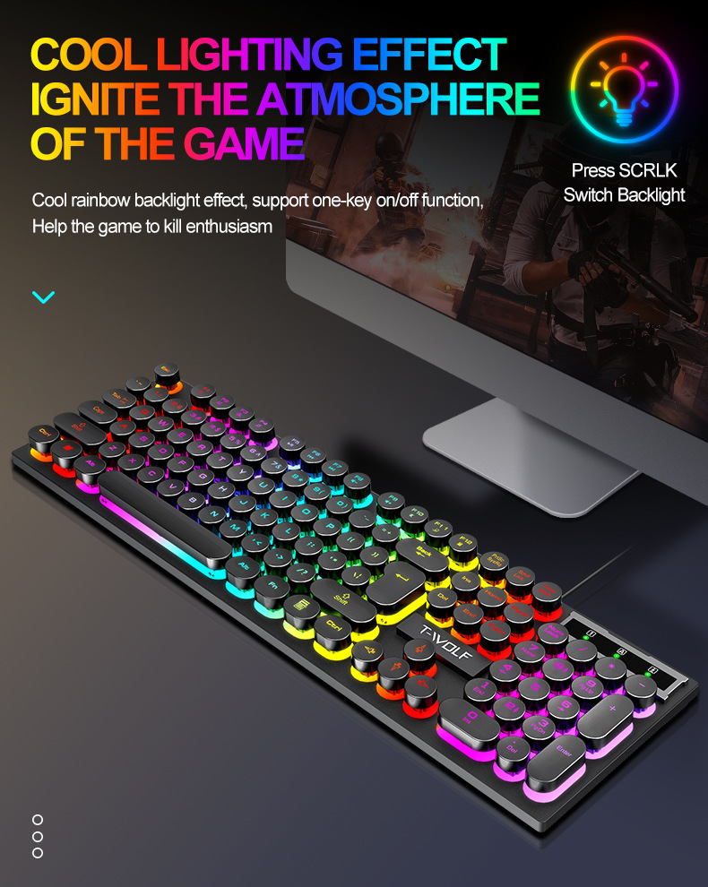 T-WOLFT80USBWiredRoundKeyboard104KeysRainbowRGBBacklightGamingKeyboardMechanicalFeelComputerPunkButt-1977329-4
