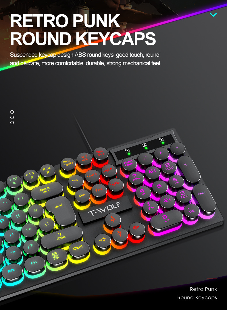 T-WOLFT80USBWiredRoundKeyboard104KeysRainbowRGBBacklightGamingKeyboardMechanicalFeelComputerPunkButt-1977329-5